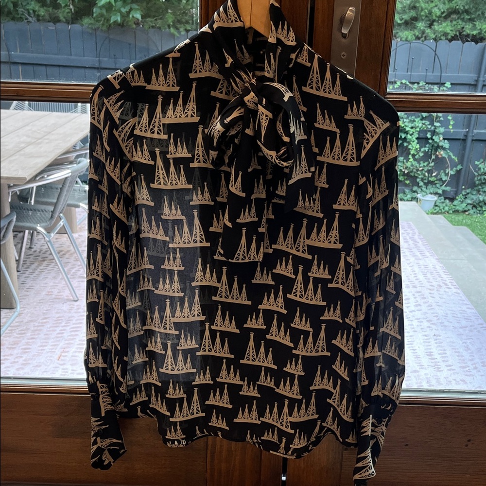 Nili Lotan Silk Black and White Oil Rig Blouse Top Small